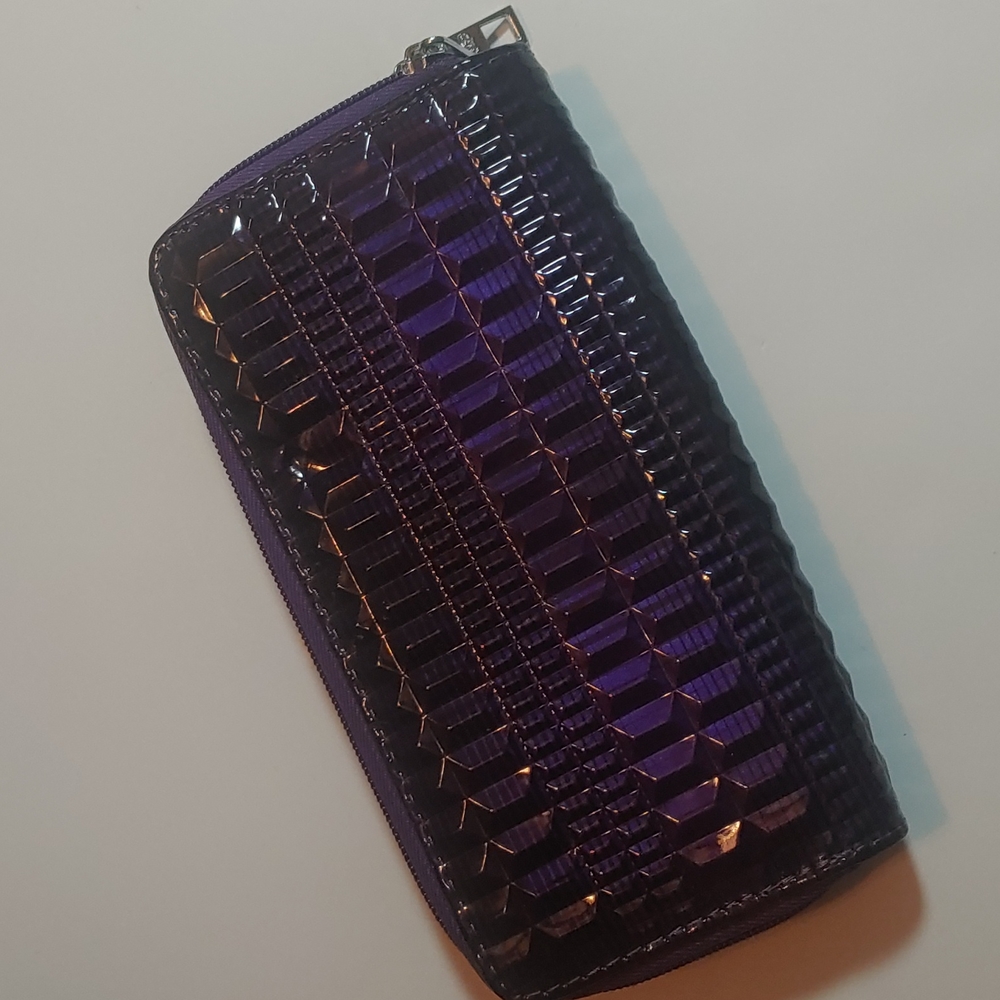 Purple metallic full size wallet with two zippered compartments